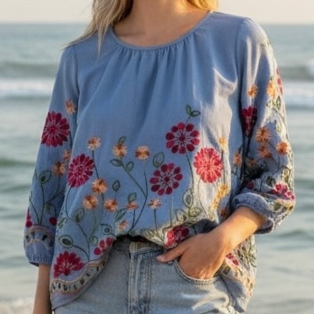 Ana & Rose Blouse Top Blue Floral Embroidered Boho Garden Summer Women's Size M